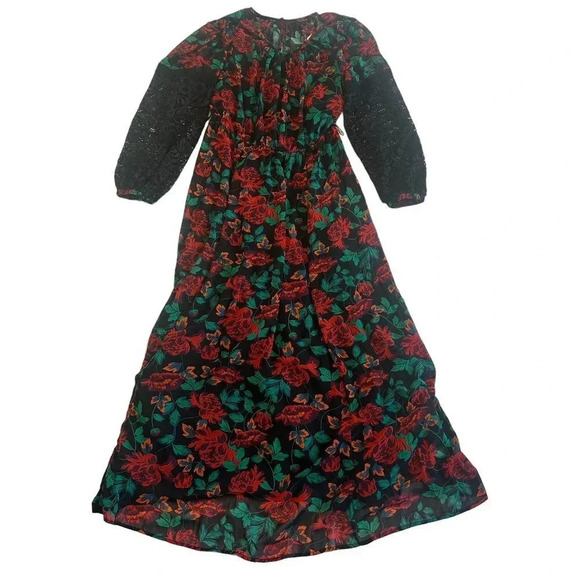 Torrid Red Green Floral Maxi Dress Chiffon Lace Sleeves Size 0 12 Women's NWT - Picture 1 of 13